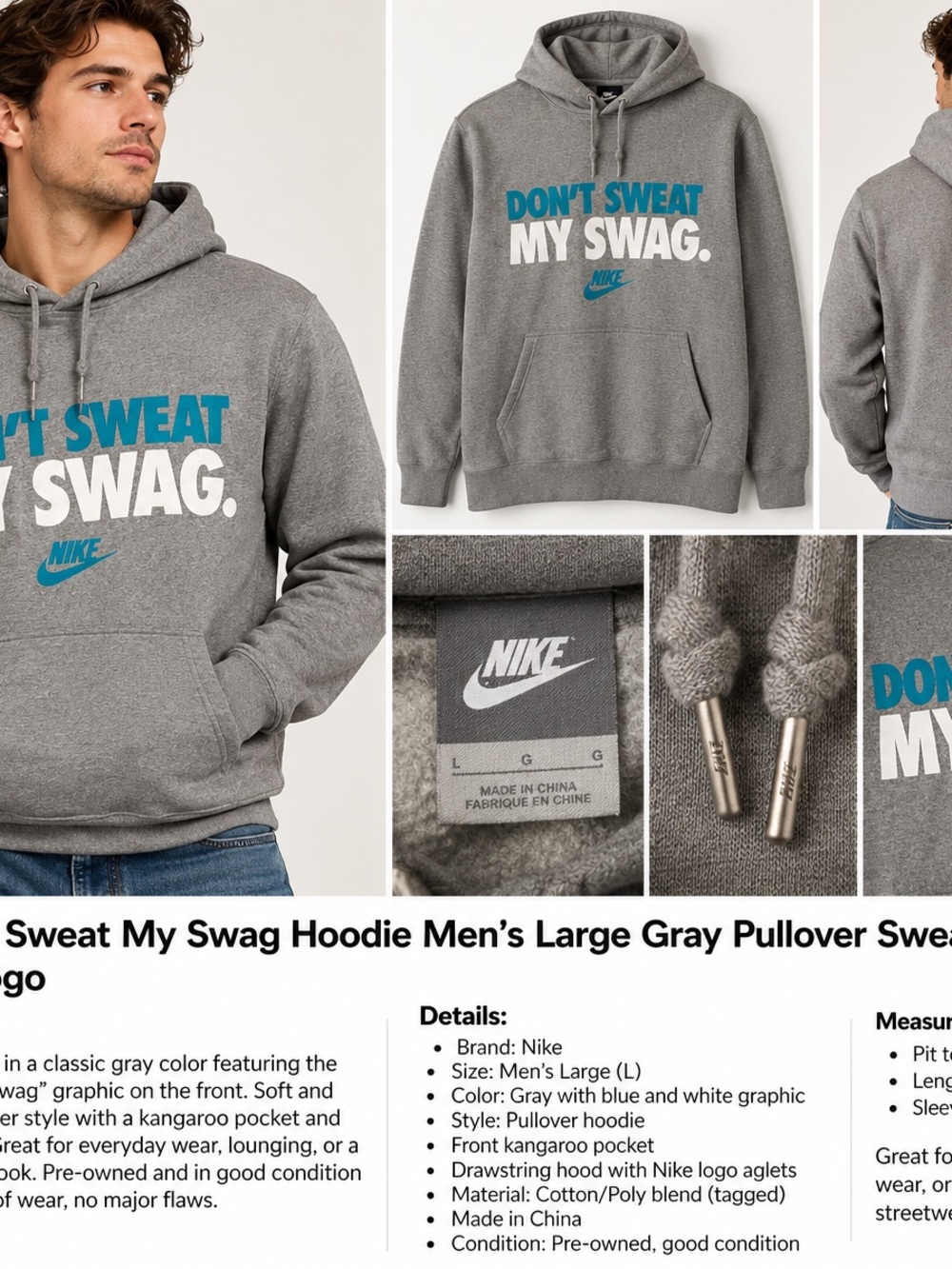 Nike Gray Hoodie with Blue & White "Don't Sweat My Swag" Graphic
